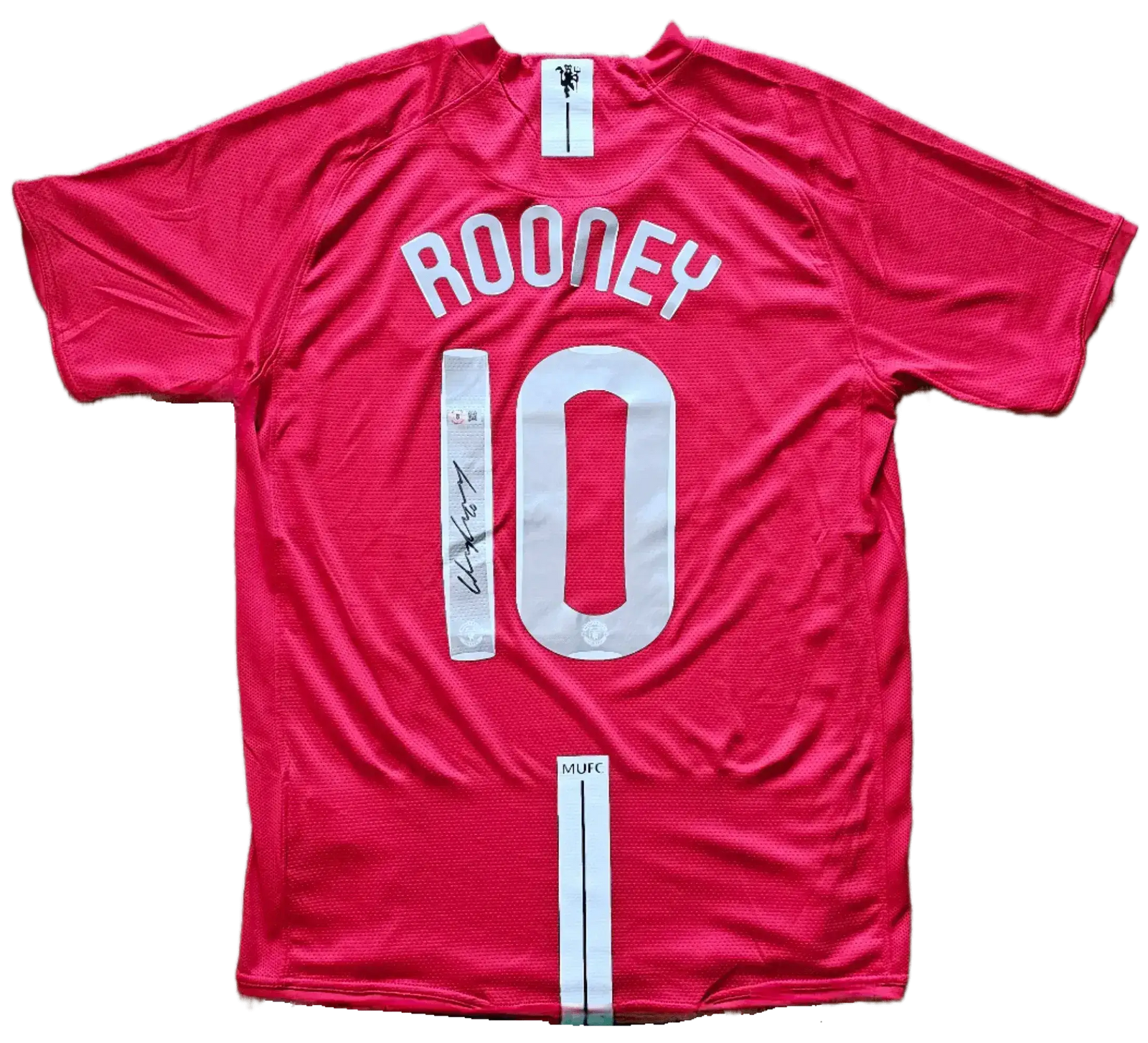 Back view displaying No. 10, Rooney's name, and his signature on a pink soccer jersey.