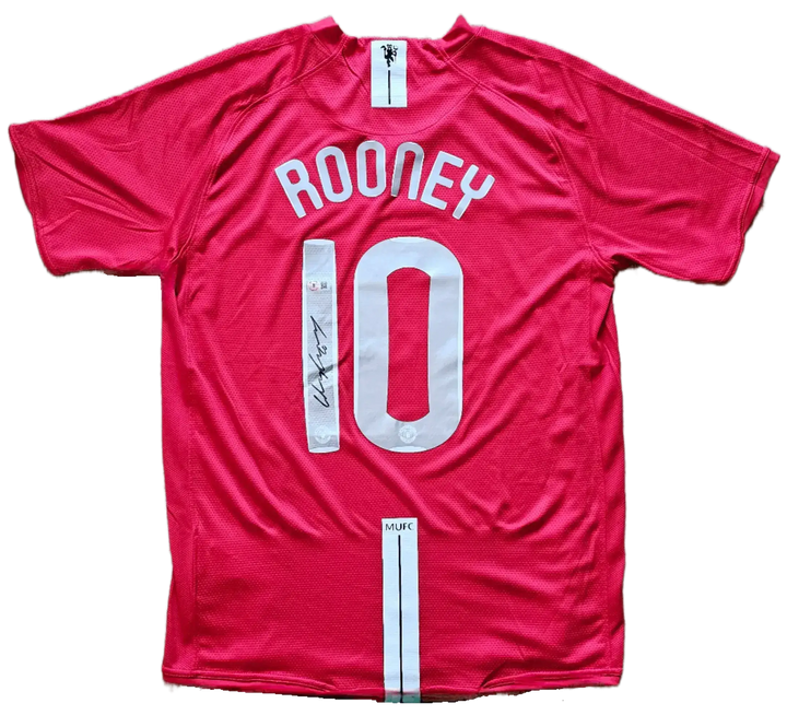 Back view displaying No. 10, Rooney's name, and his signature on a pink football shirt.
