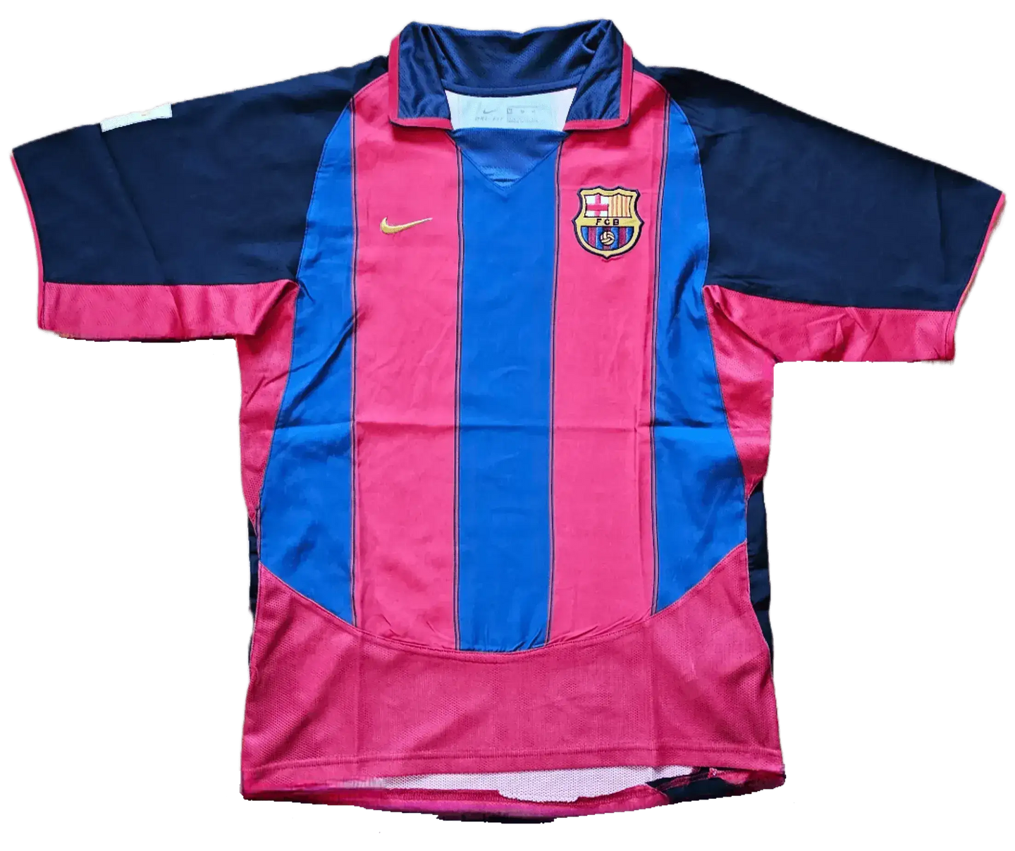 Front view of a signed Barcelona soccer jersey featuring the club crest and Nike logo.