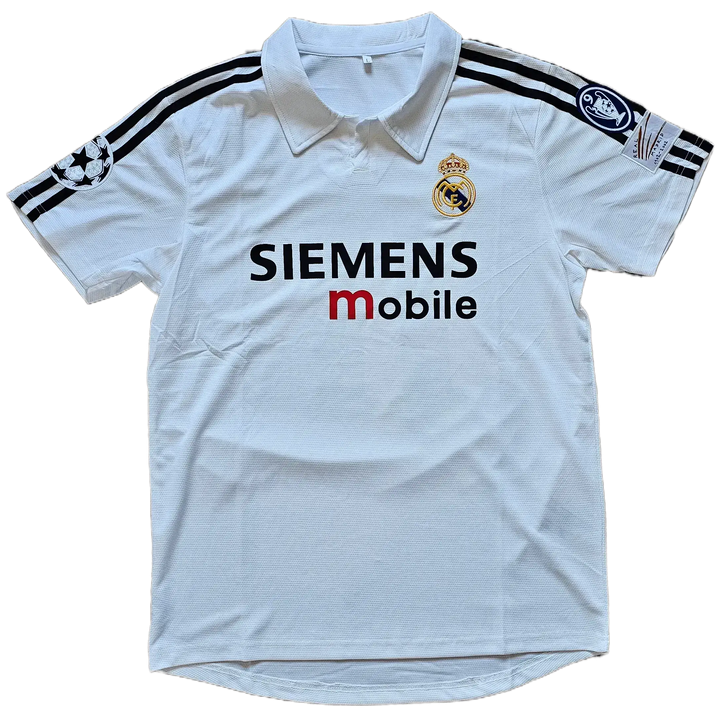 Front view of Real Madrid CF football shirt featuring the Siemens mobile logo and club crest.