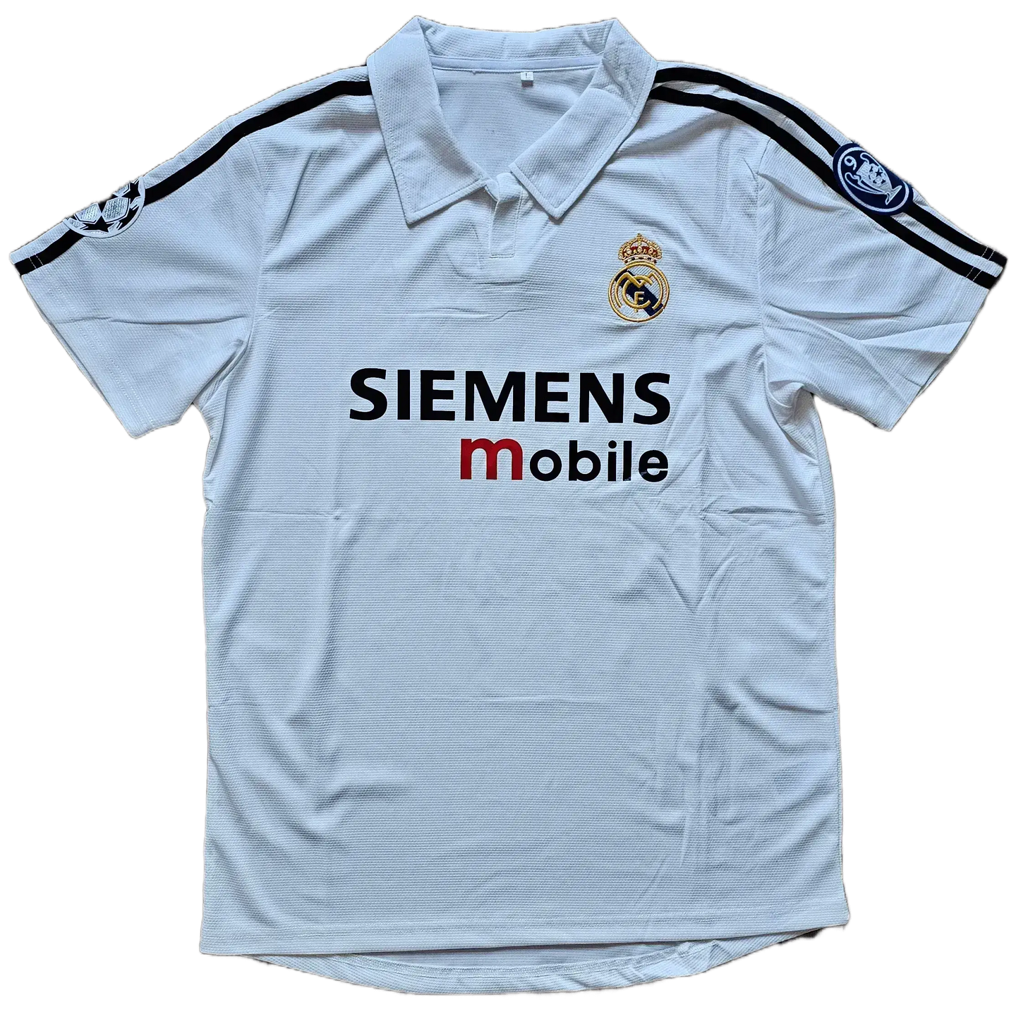 Front view showing Real Madrid crest, Siemens Mobile sponsorship, and white shirt design.