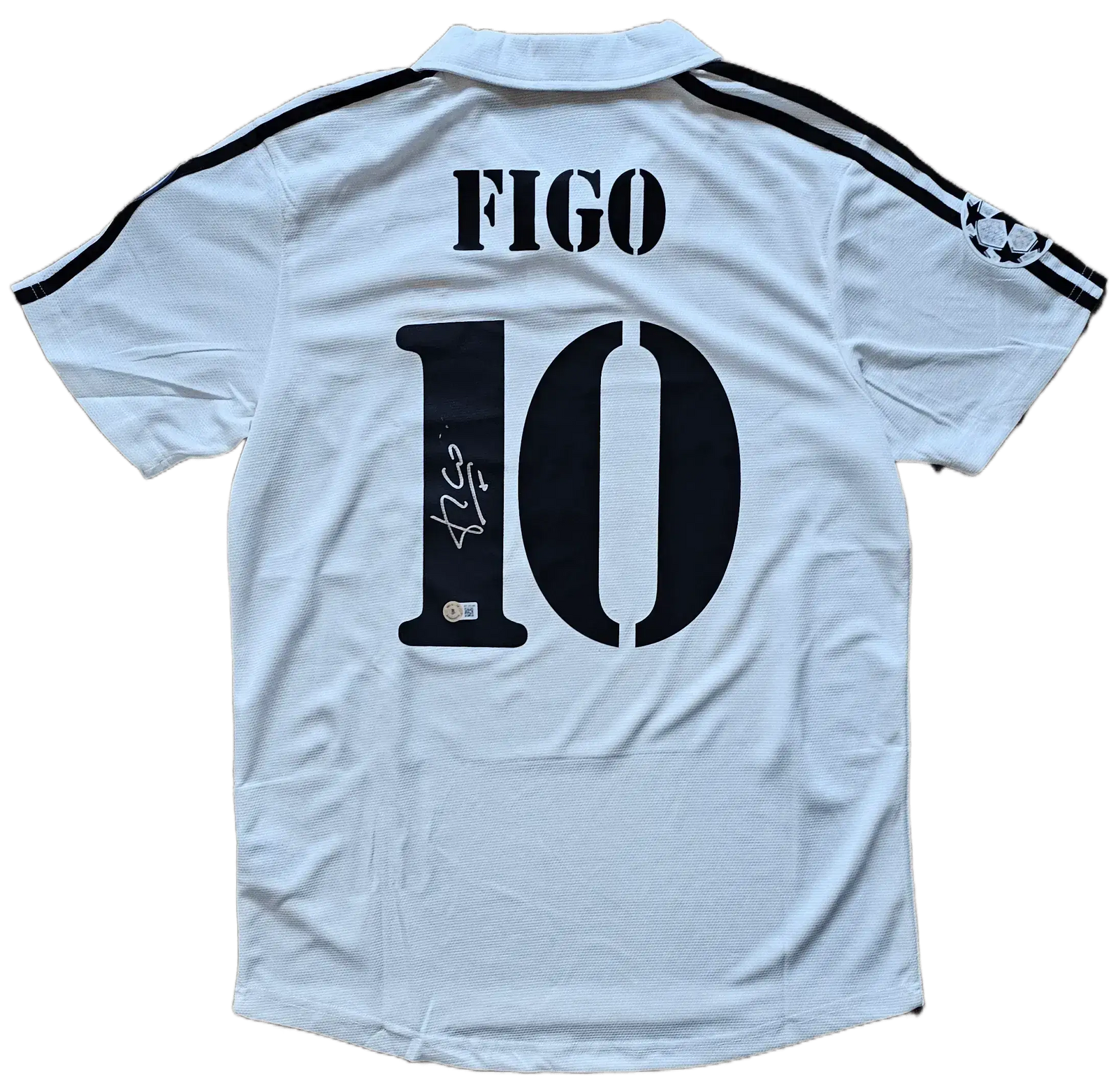 Back view showing No. 10 and signature of Figo on a Real Madrid soccer jersey.