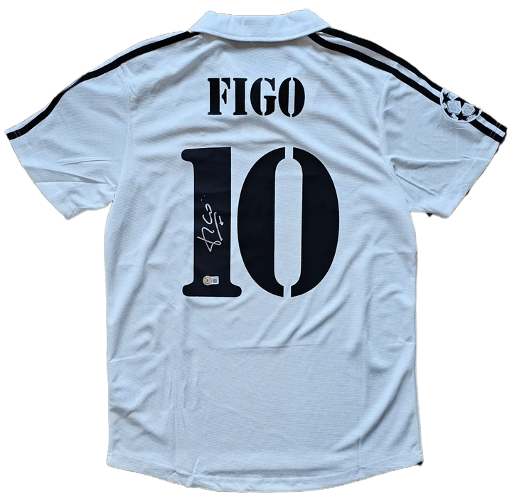 Back view showing No. 10 and signature of Figo on a Real Madrid soccer jersey.