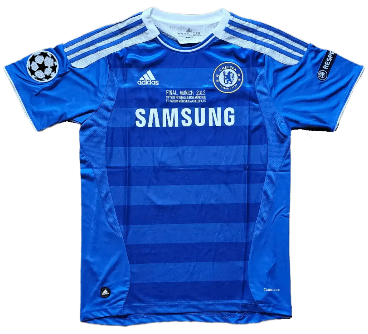 Front view of Chelsea F.C. soccer jersey featuring 'SAMSUNG' sponsor and Champions League logo.