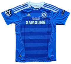 Front view of Chelsea F.C. soccer jersey featuring 'SAMSUNG' sponsor and Champions League logo.