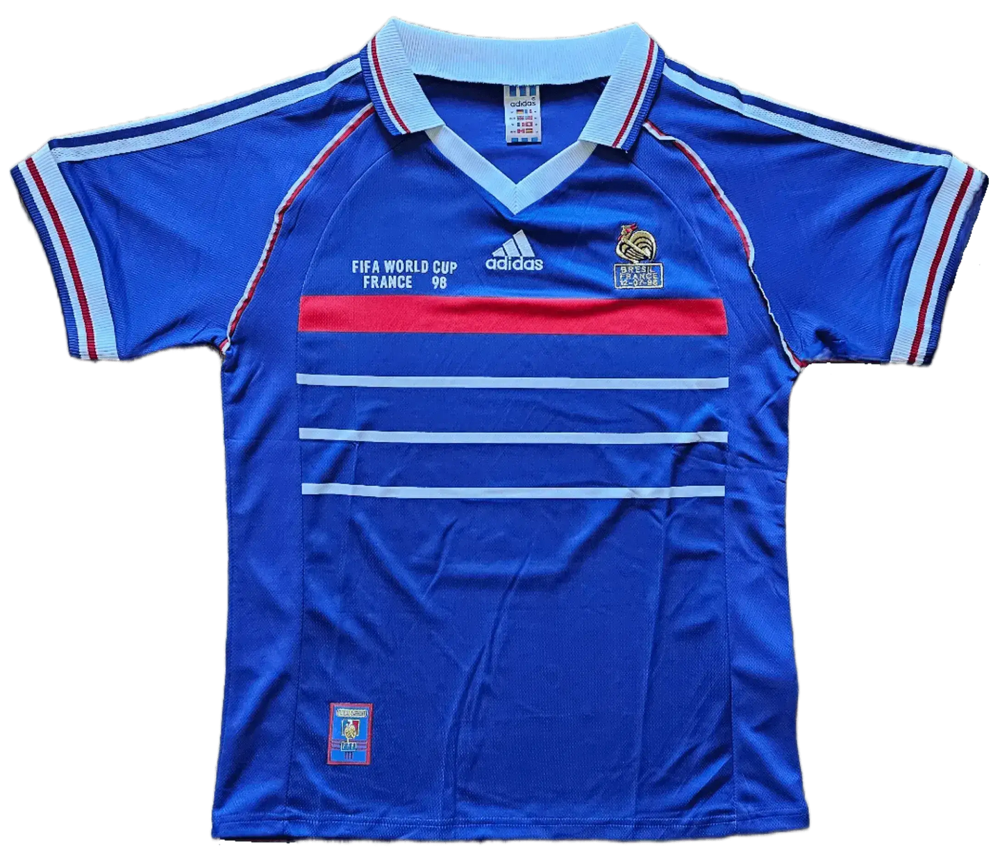 Front view of signed Patrick Vieira 4 France soccer jersey with FIFA World Cup France 98 and adidas logo.