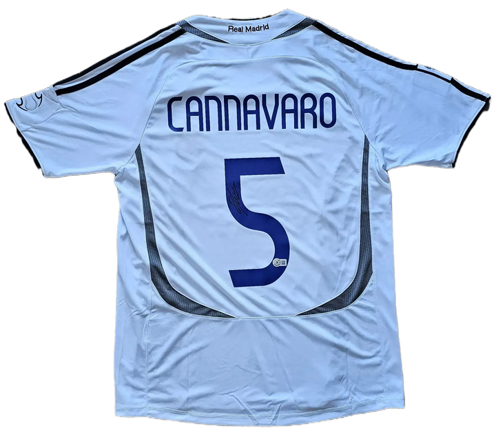 Back view showing Cannavaro, No. 5, with visible signature on the football shirt.