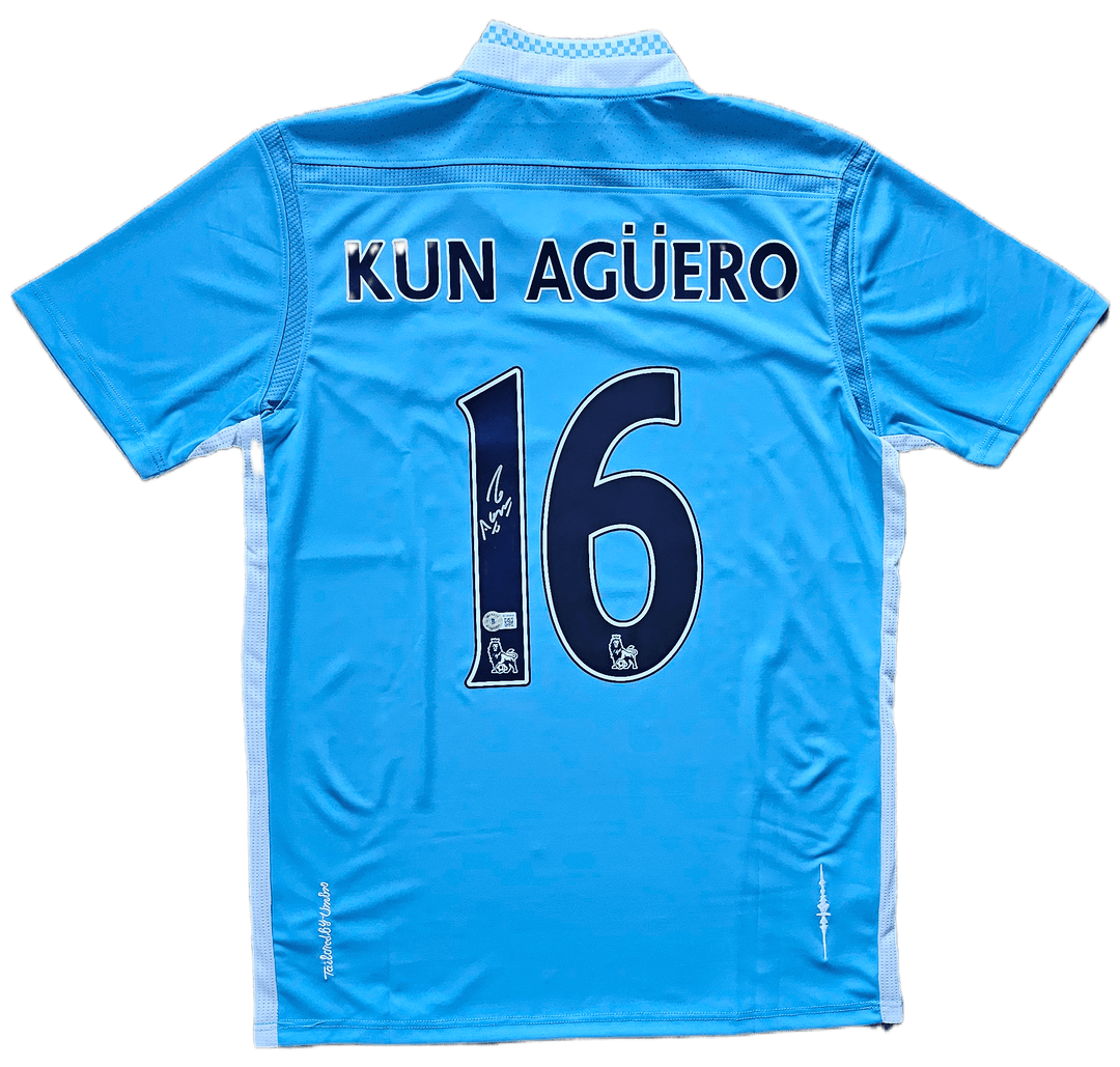 Sergio Agüero 16 Manchester City 2011-2012 Home - Signed Soccer Shirt | Title-Winning Goal Moment - Walkouts