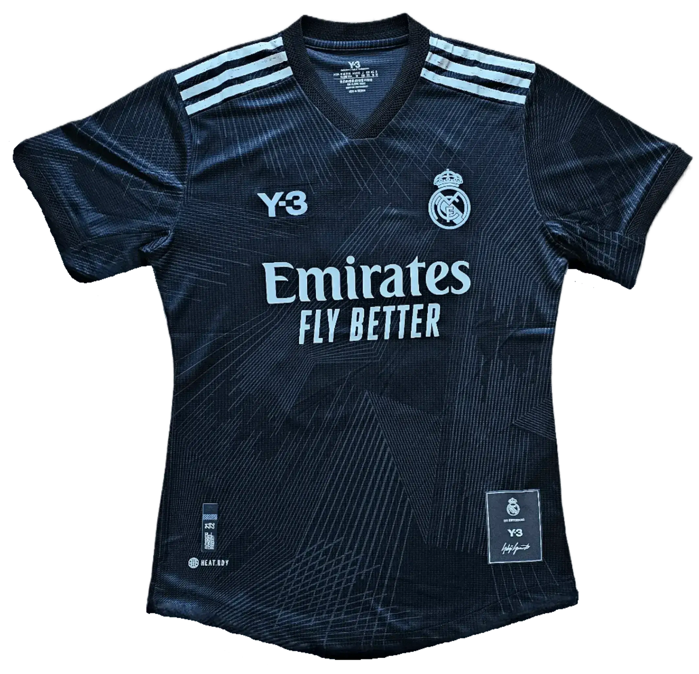 Front view of black Y-3 Real Madrid soccer jersey with white 'Emirates Fly Better' sponsor.