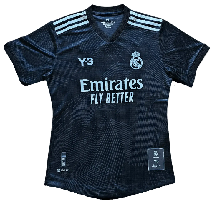 Front view of black Y-3 Real Madrid football shirt with white 'Emirates Fly Better' sponsor.