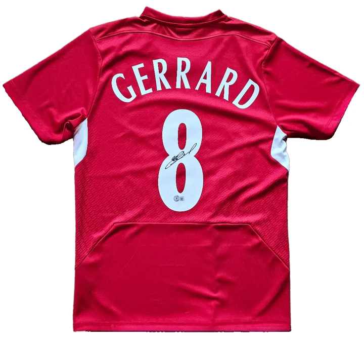 Back view showing Gerrard on the nameplate, No. 8, and signature detail.