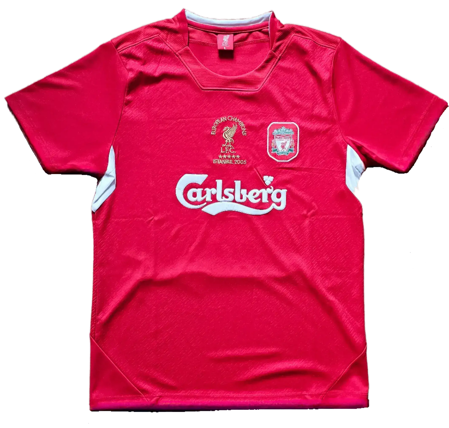 Front view of signed Steven Gerrard 8 Liverpool 2004-2005 Home soccer jersey with Carlsberg and crest.