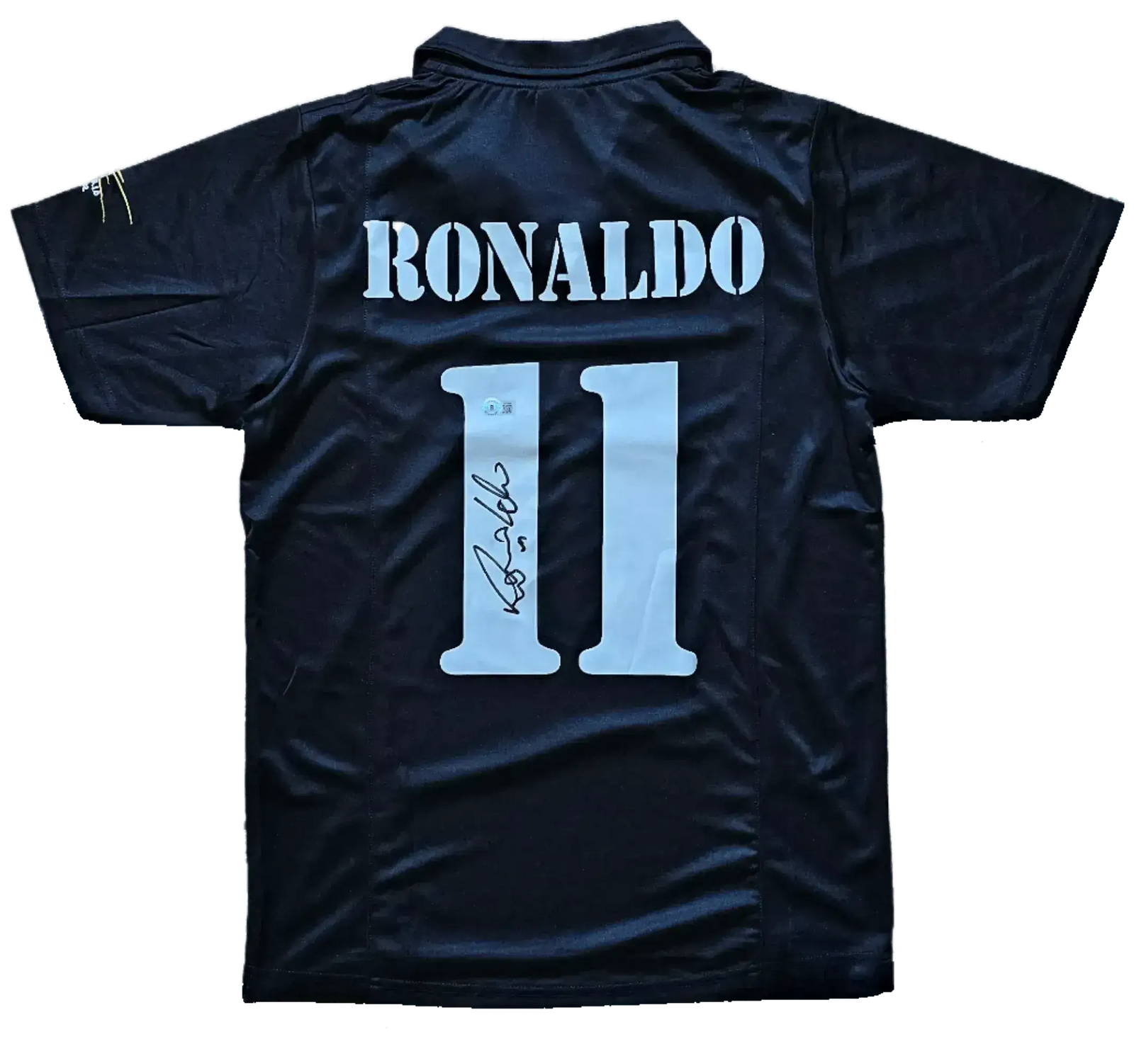 Back view featuring signature of Ronaldo and No. 11 on a black soccer jersey.