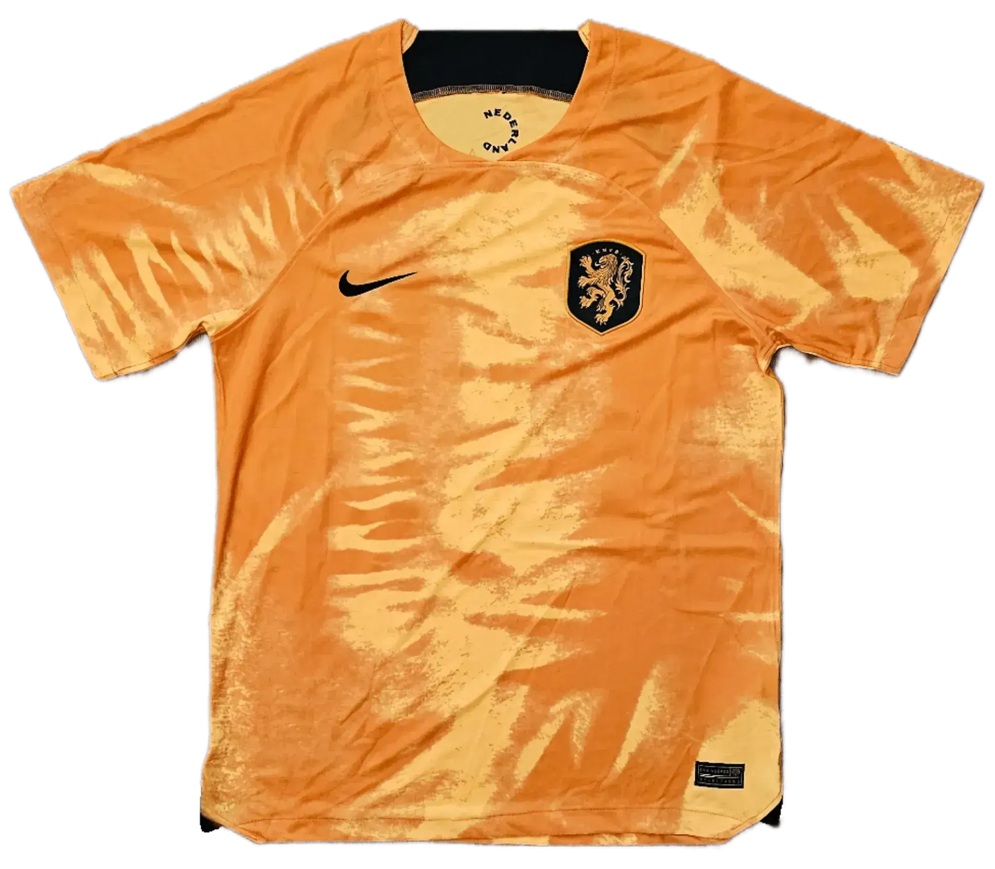 Front view showing Netherlands crest, Nike logo, and vibrant orange design of the signed football shirt.