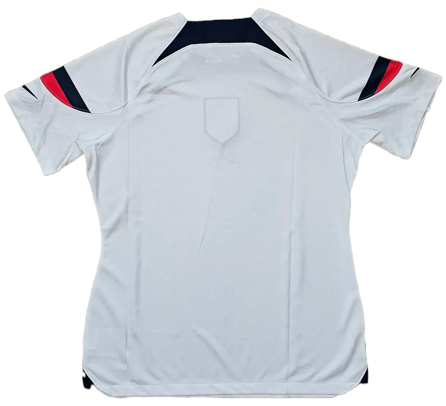 Back view of Alex Morgan 13 USA soccer jersey featuring a plain white design with colored accents.