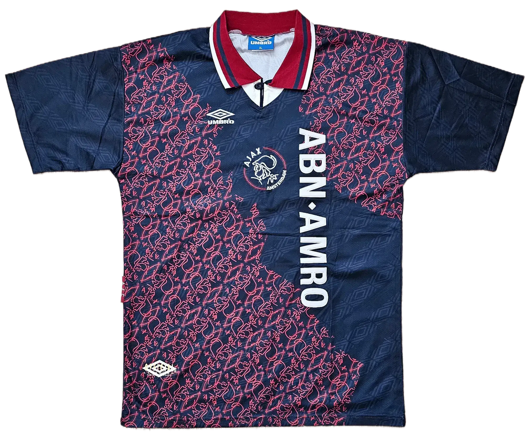 Front view of Patrick Kluivert 15 AFC Ajax signed soccer jersey featuring ABN AMRO sponsor and club crest.