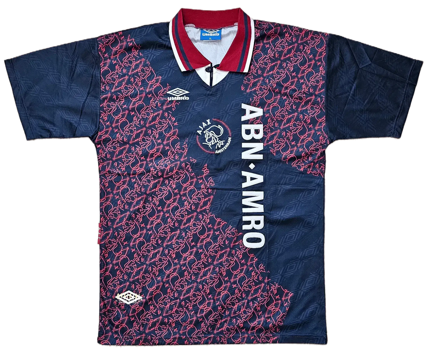 Front view of Patrick Kluivert 15 AFC Ajax signed soccer jersey featuring ABN AMRO sponsor and club crest.