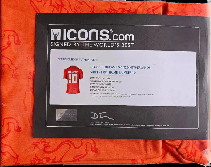 Certificate of authenticity for Dennis Bergkamp signed Netherlands shirt No. 10, 1994 Home.