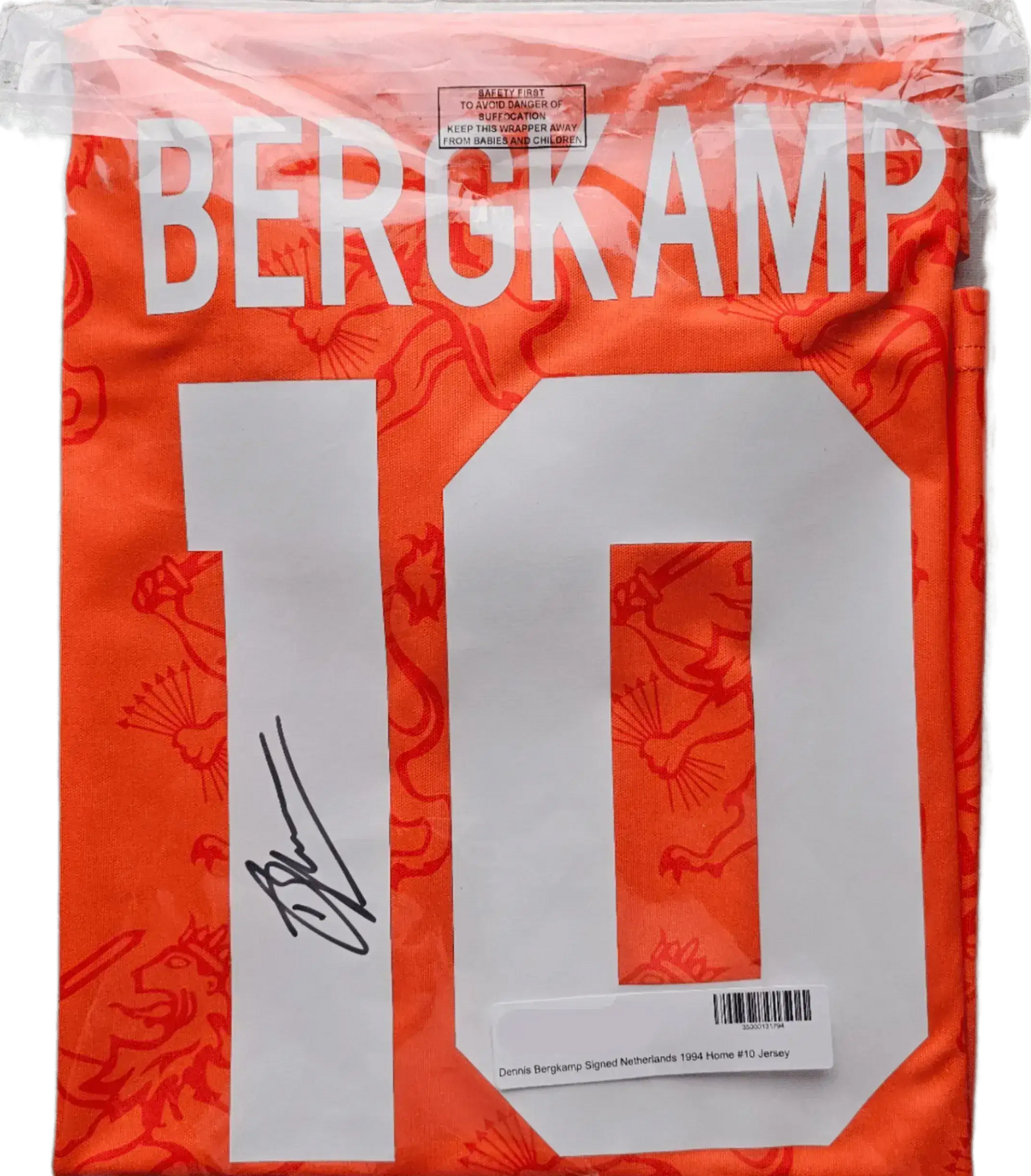 Detail of signed football shirt featuring Bergkamp and No. 10 on orange background.