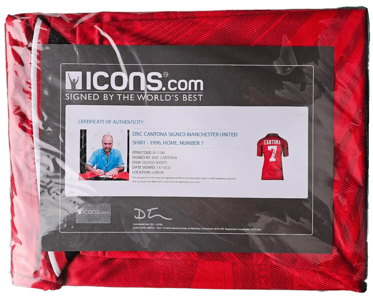 Certificate of authenticity for Eric Cantona signed Manchester United football shirt No. 7.