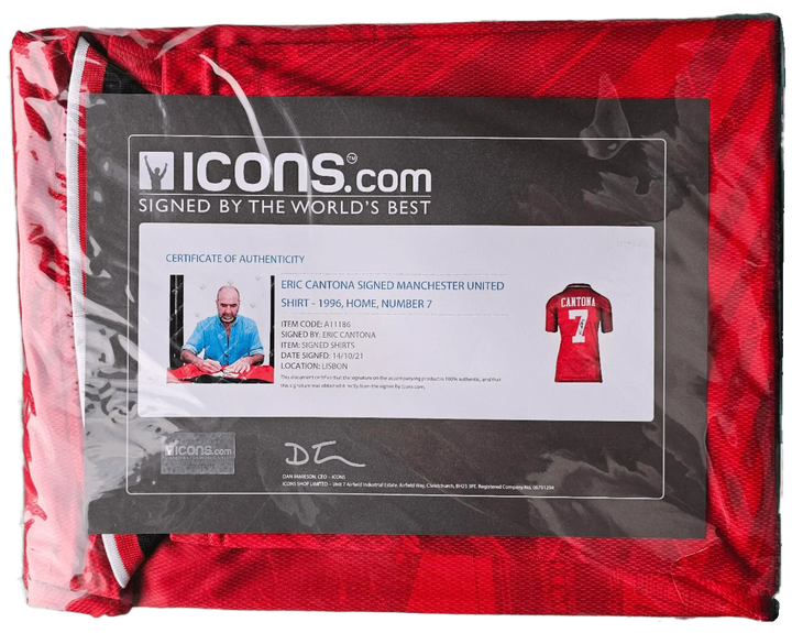 Certificate of authenticity for Eric Cantona signed Manchester United football shirt No. 7.