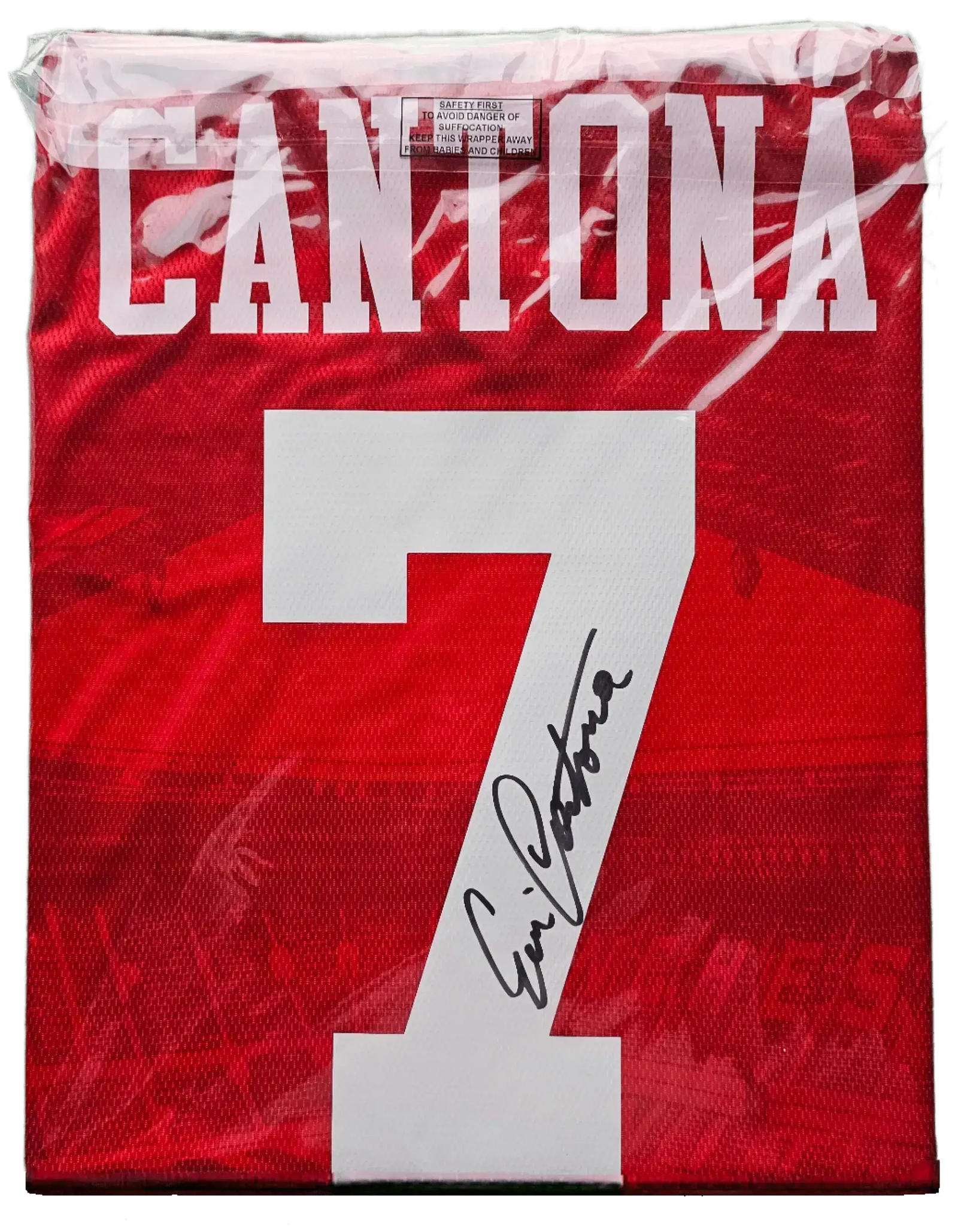 Back view showing Cantona, No. 7, and signature on red football shirt.