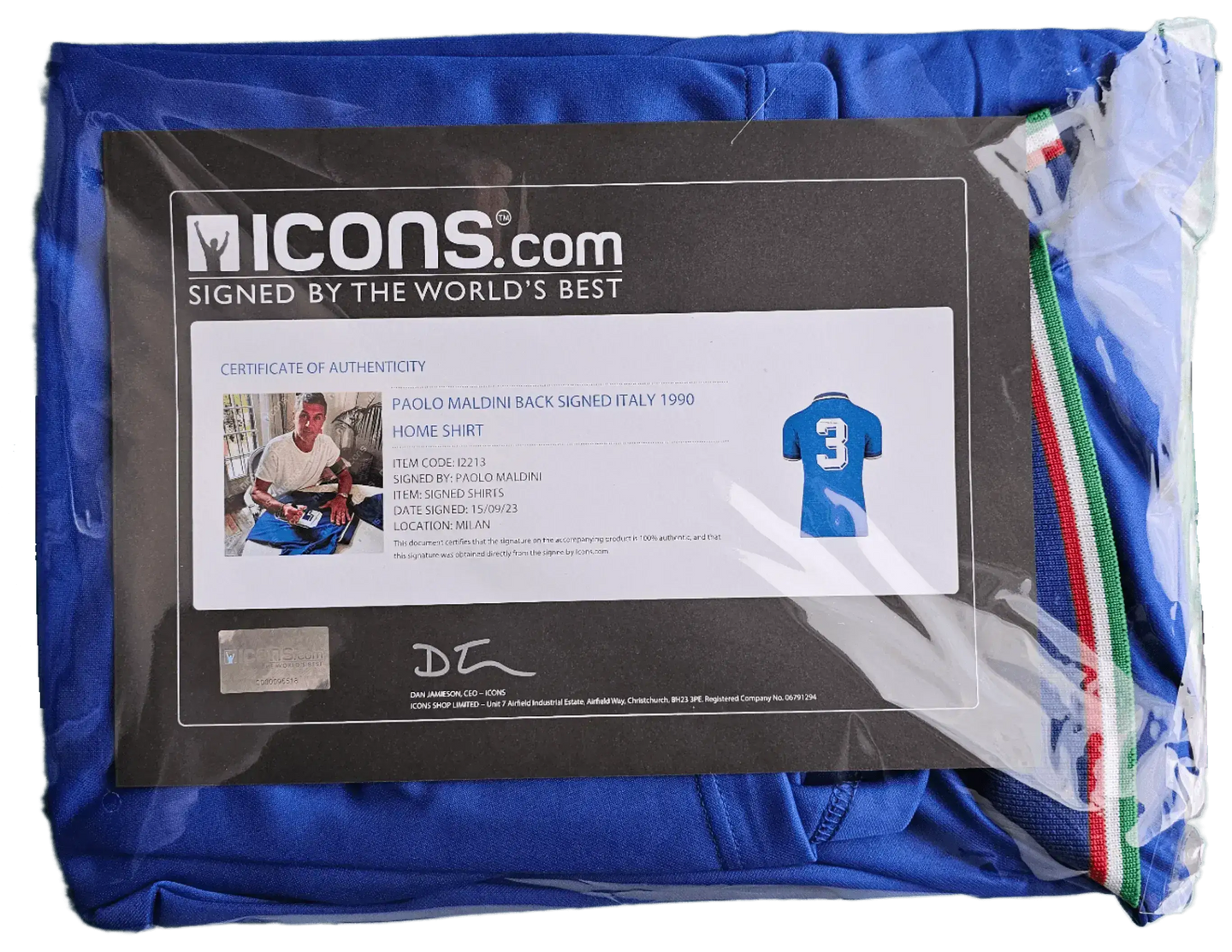 Certificate of Authenticity for Paolo Maldini signed Italy football shirt featuring No. 3.