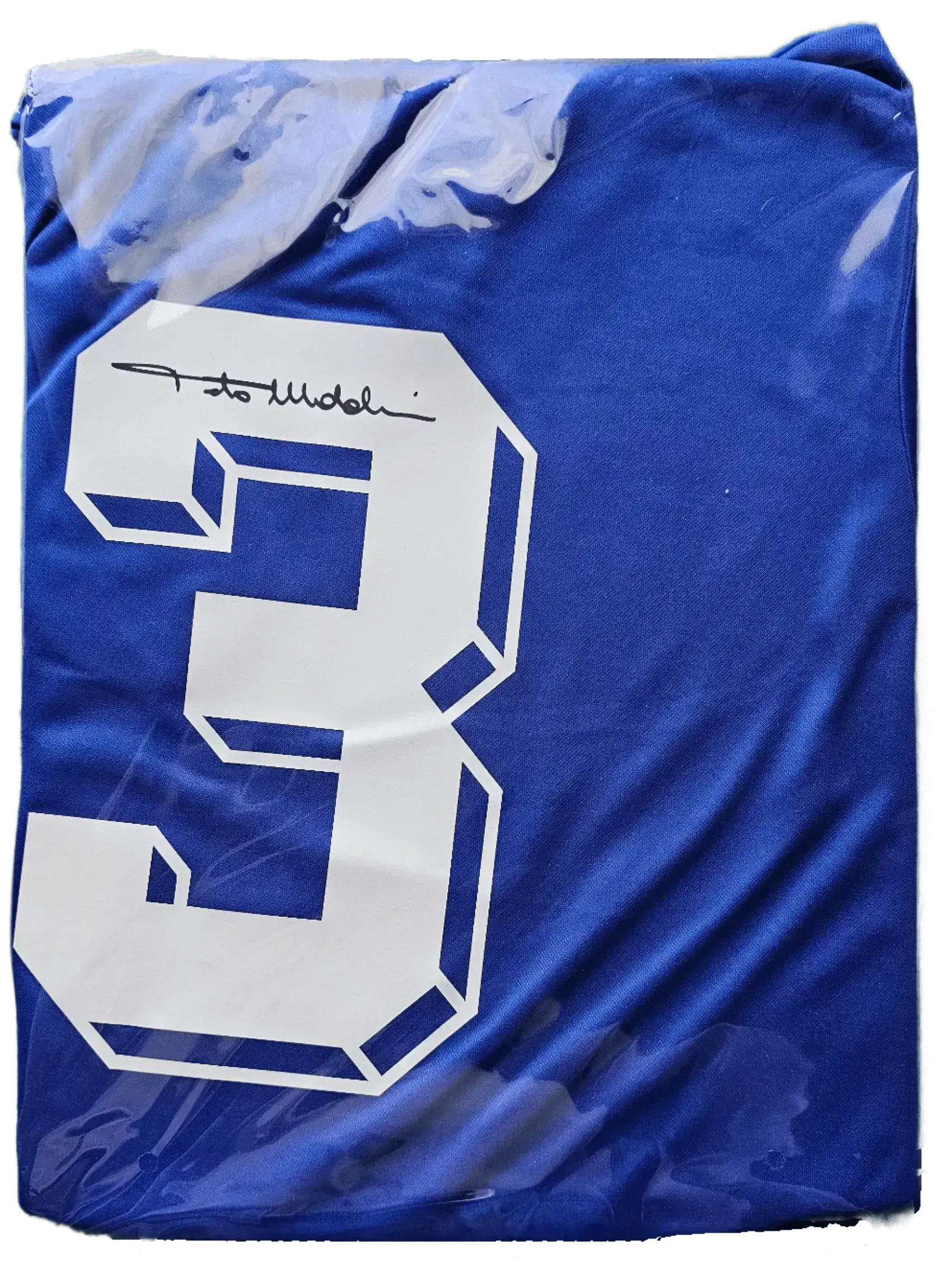 Signature of Paolo Maldini on the No. 3 detail of the blue Italy football shirt.