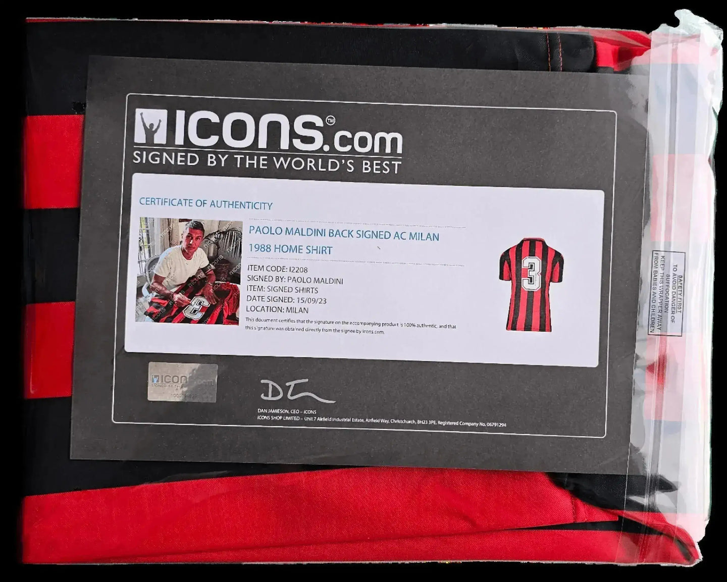 Certificate of authenticity for Paolo Maldini signed AC Milan football shirt with No. 3.