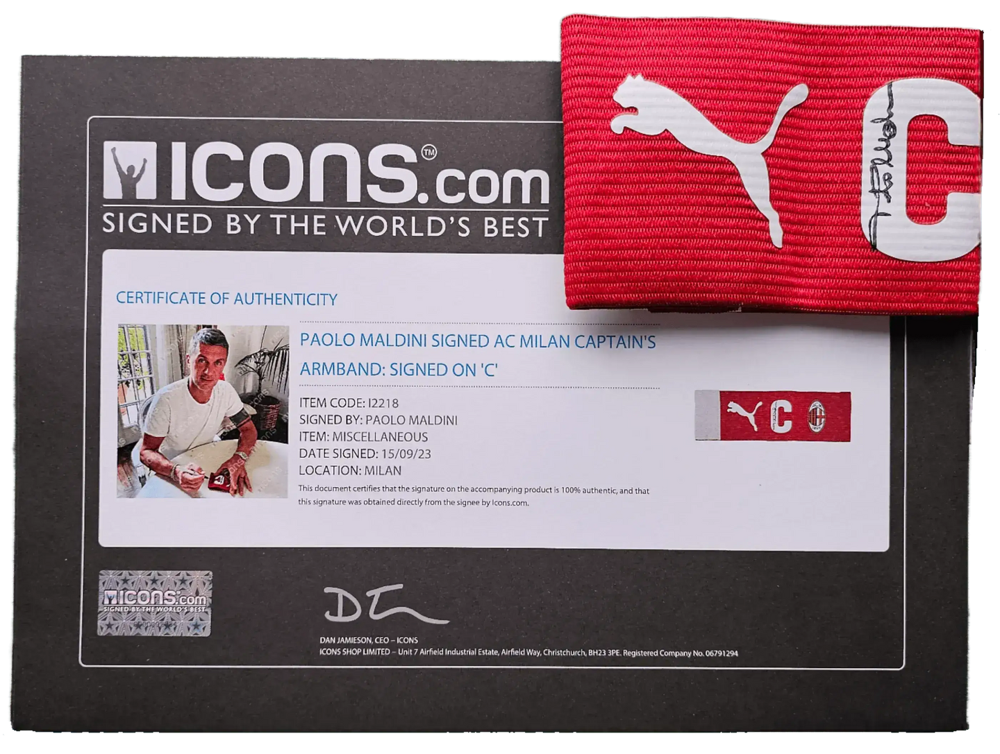 Certificate of authenticity for Paolo Maldini signed AC Milan captain's armband with 'C' logo.