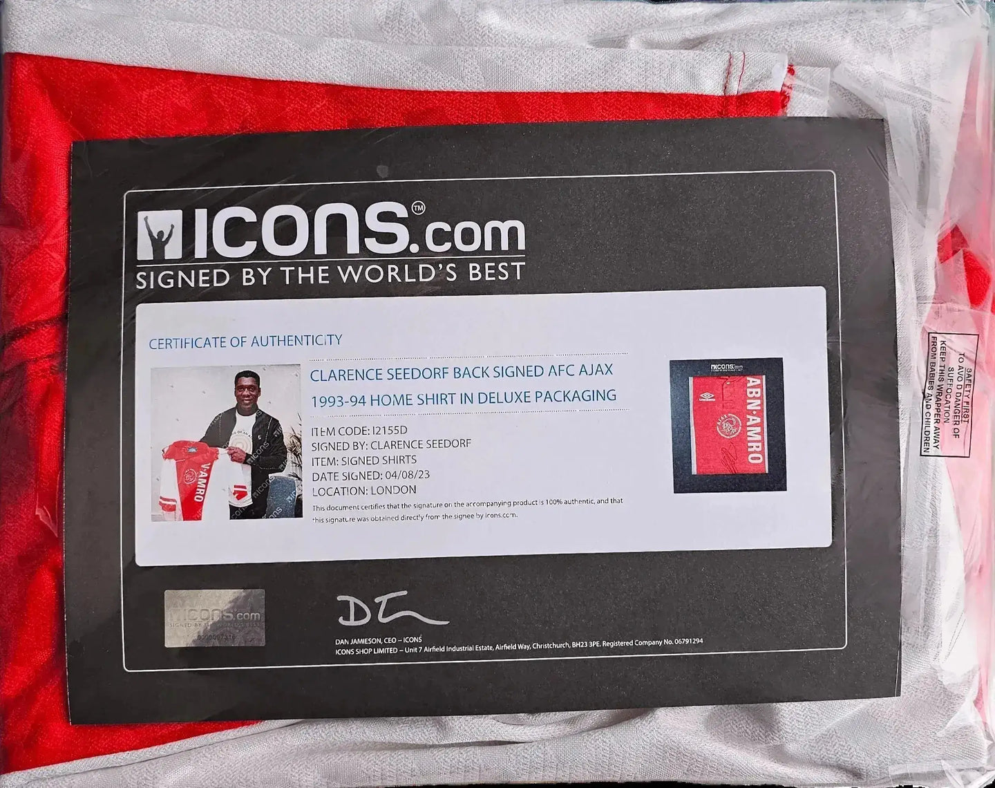 Certificate of authenticity for Clarence Seedorf signed AFC Ajax 1993-94 home shirt with ABN AMRO detail.