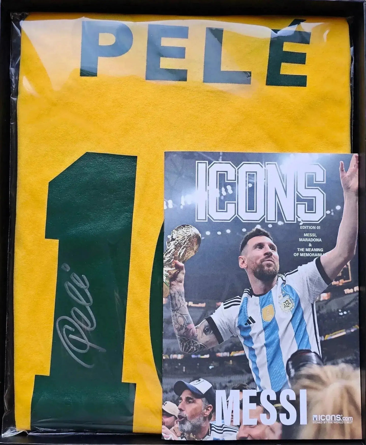 Front view of Pele 10 Brazil Retro Home signed soccer jersey with printed name and number.