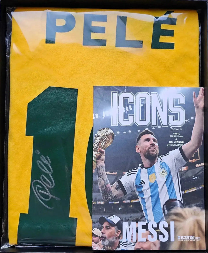 Front view of Pele 10 Brazil Retro Home signed football shirt with printed name and number.