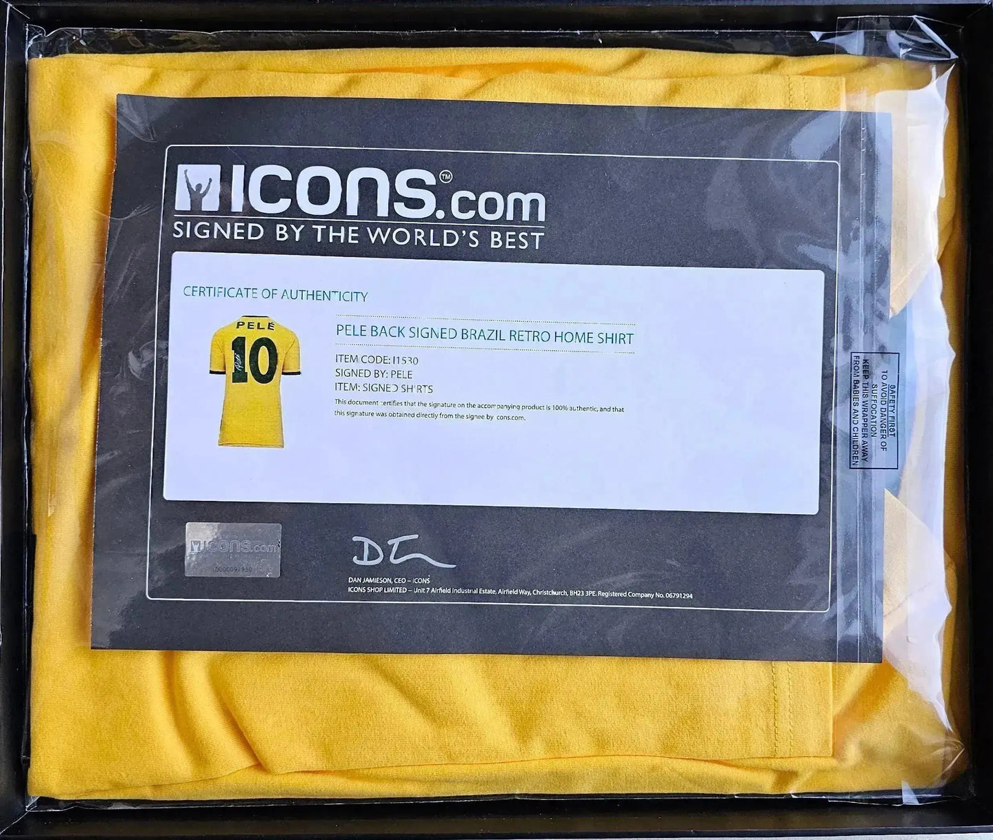 Certificate of Authenticity showing Pele signature and Brazil Retro Home Soccer Jersey details.