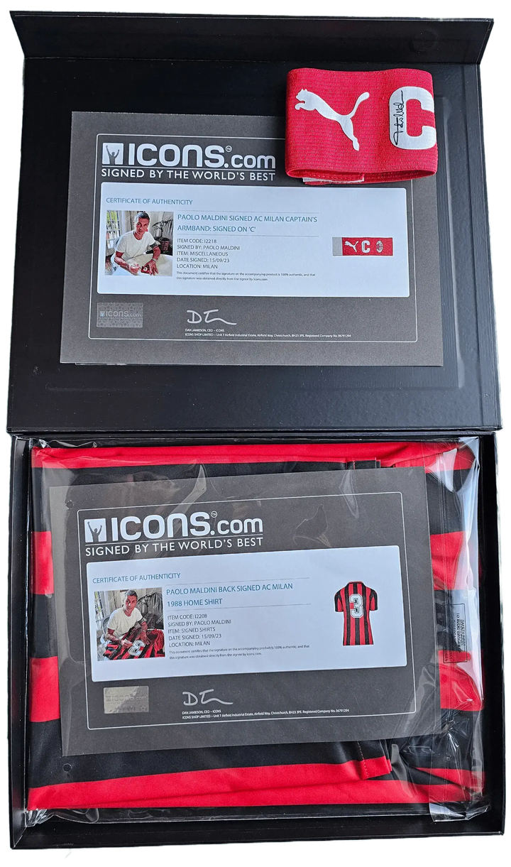 Certificate of authenticity for Paolo Maldini signed AC Milan 1988 home shirt, showing No. 3.