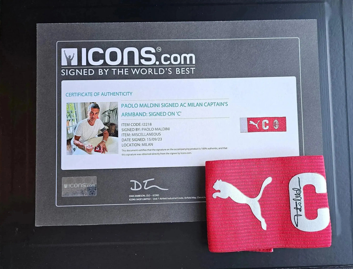 Certificate of authenticity for signed Paolo Maldini AC Milan captain's armband with 'C' and signature.