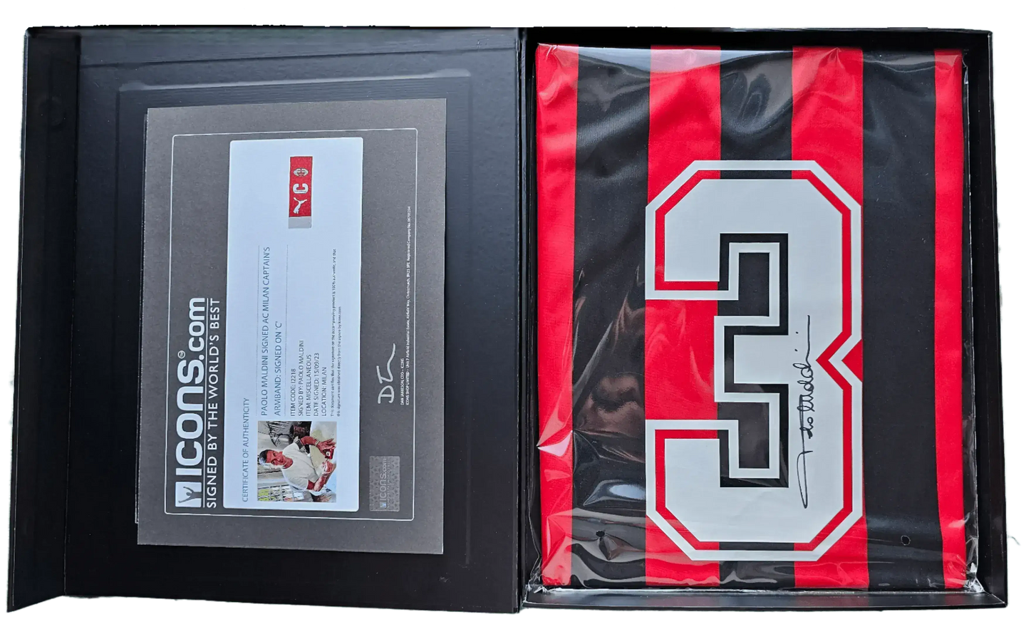 Signature detail featuring the number 3 and Paolo Maldini's signature on an AC Milan football shirt.