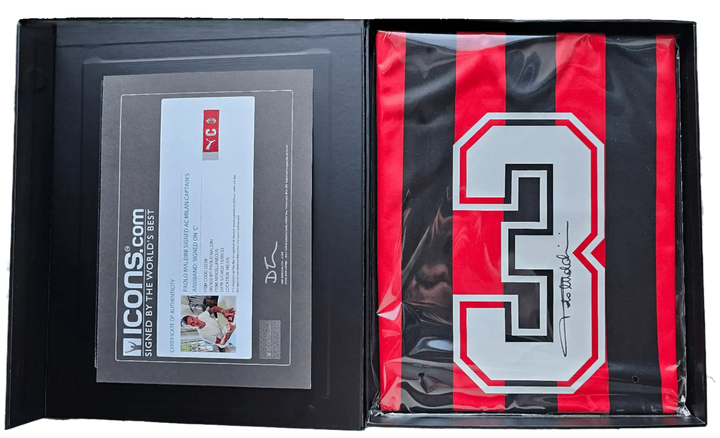 Signature detail featuring the number 3 and Paolo Maldini's signature on an AC Milan football shirt.