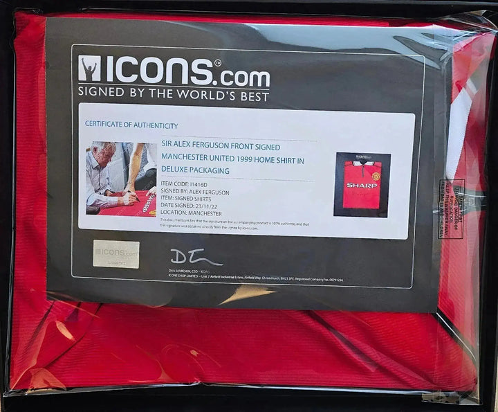 Certificate of authenticity for Sir Alex Ferguson signed Manchester United 1999 home shirt.