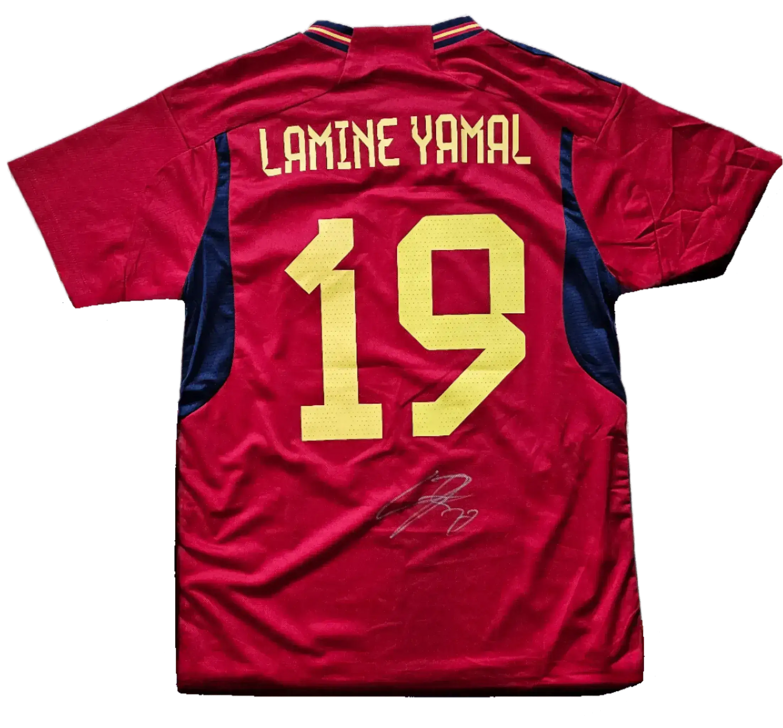 Back view showing Lamine Yamal, No. 19 and signature detail on a red Spain soccer jersey.
