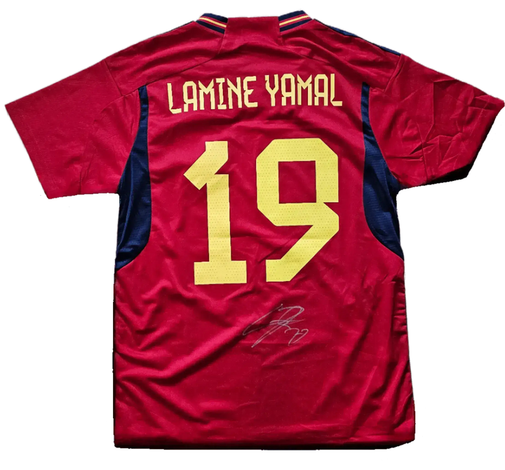 Back view showing Lamine Yamal, No. 19 and signature detail on a red Spain football shirt.