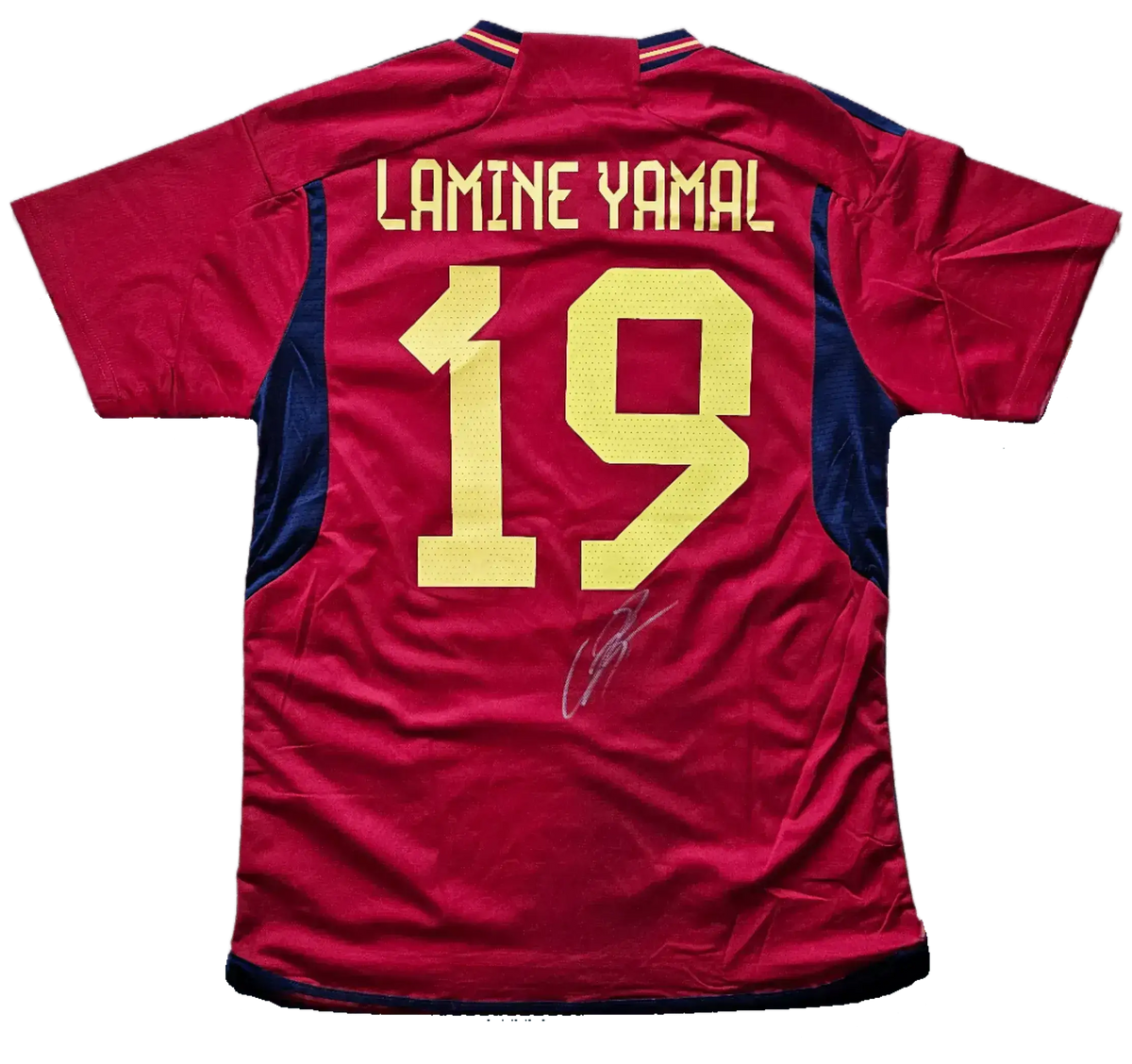 Back view showing Lamine Yamal, No. 19, and signature on a red soccer jersey.