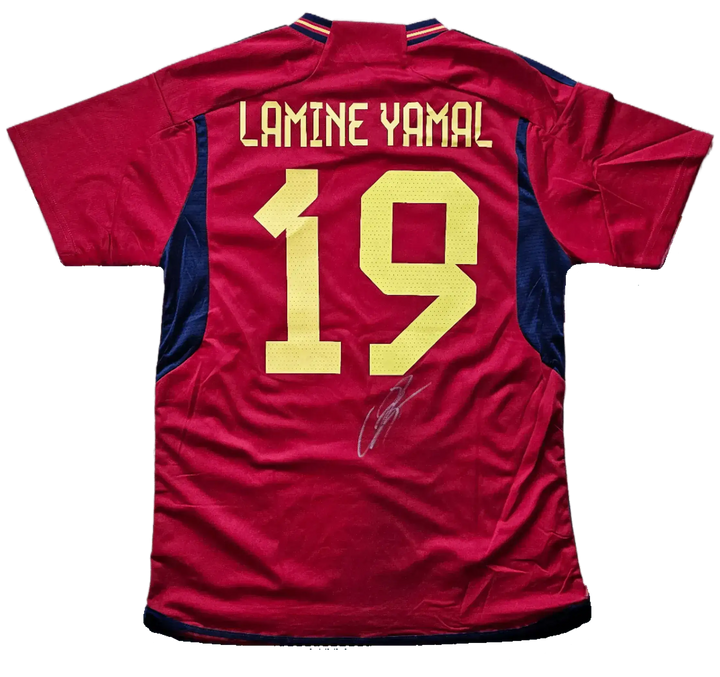 Back view showing Lamine Yamal, No. 19, and signature on a red football shirt.