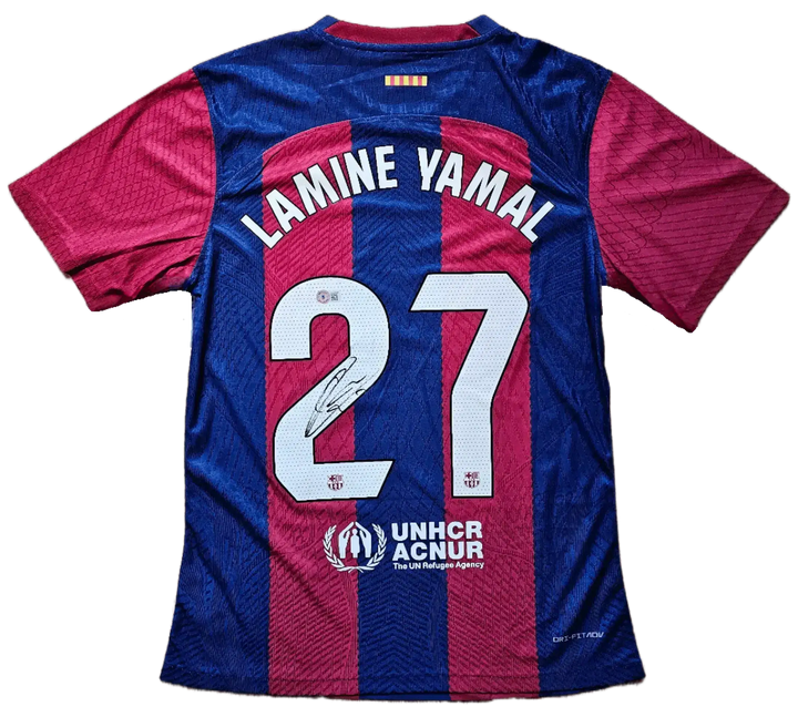 Back of the FC Barcelona home shirt with LAMINE YAMAL and No. 27, signed on the 2, Beckett sticker on the number, 2023-24.