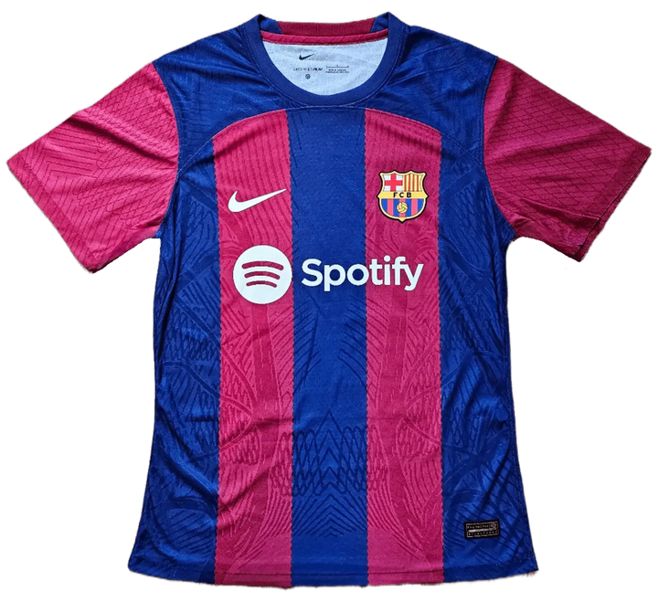 Front view featuring FC Barcelona crest, Nike logo, and Spotify sponsor on the Lamine Yamal signed football shirt.