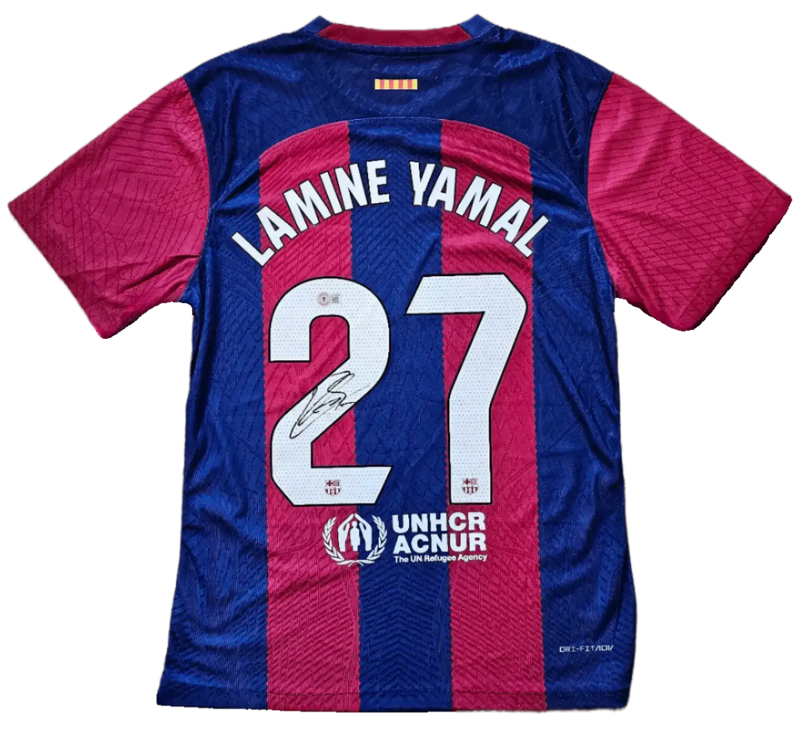 Back view showing Lamine Yamal, No. 27, and a visible signature on a blue and red soccer jersey.
