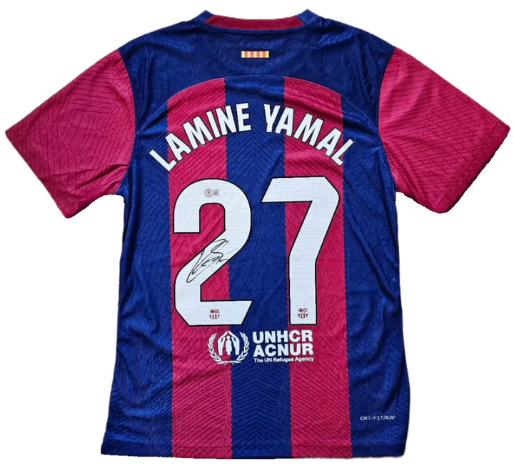 Back view showing Lamine Yamal, No. 27, and a visible signature on a blue and red soccer jersey.