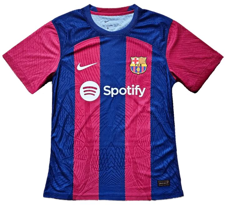 Front view of Lamine Yamal 27 Barcelona soccer jersey featuring Spotify logo and club crest.