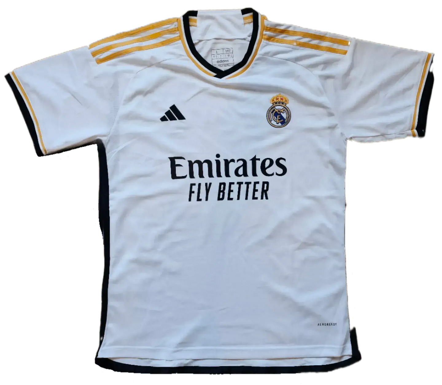 Front view of Real Madrid football shirt featuring the club crest and Emirates Fly Better sponsor.