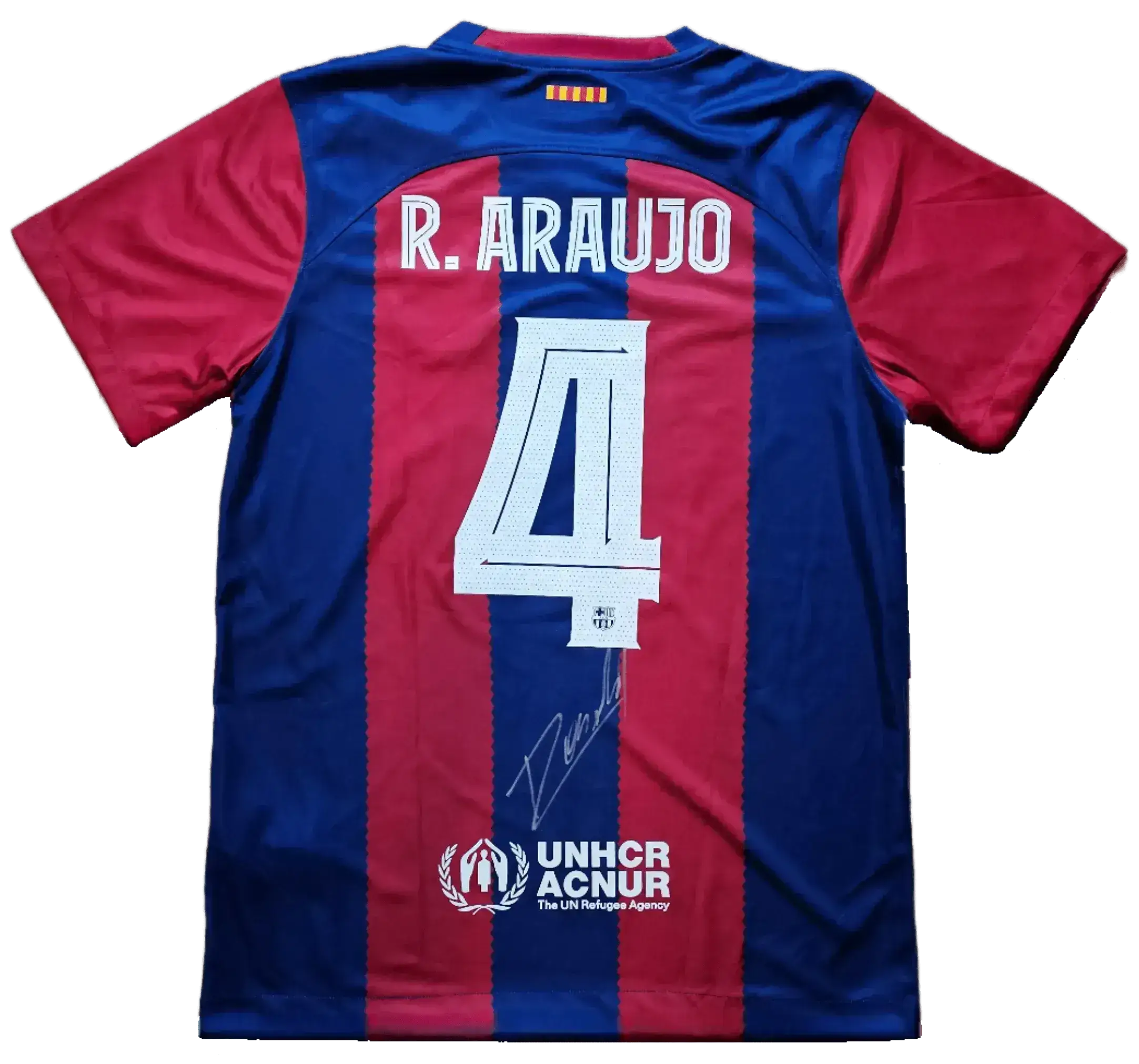 Back view featuring No. 4, R. Araujo, and signature on a blue and red striped football shirt.